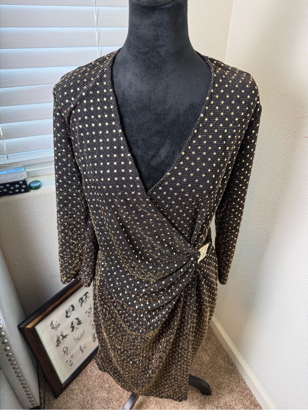 Anne Klein Black & Gold Wrap Dress with Accent Buckle